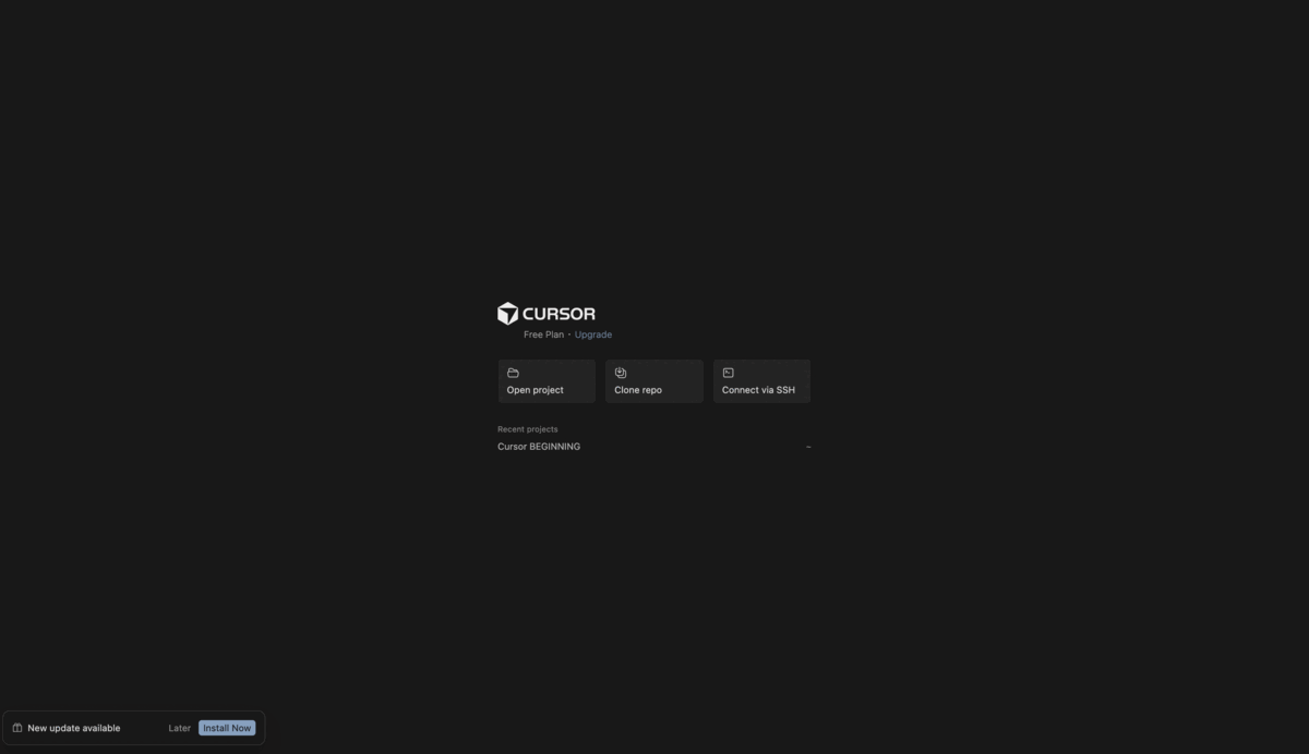 Стартовый экран Cursor с кнопками Open project, Clone repo, Connect via SSH