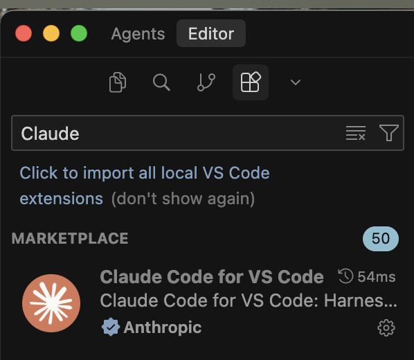 Панель Extensions в Cursor: поиск Claude, расширение Claude Code for VS Code от Anthropic