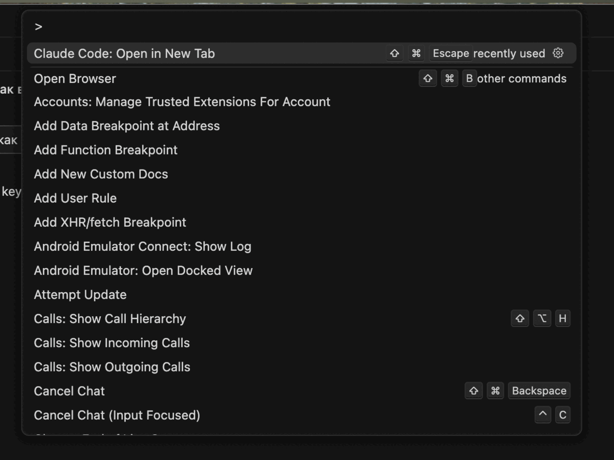 Командная палитра Cursor (Cmd+Shift+P) с пунктом Claude Code: Open in New Tab